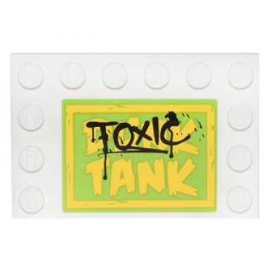 white tile modified 4 x 6 with studs on edges with black toxic graffiti over yellow dunk tank pattern sticker - set 76035