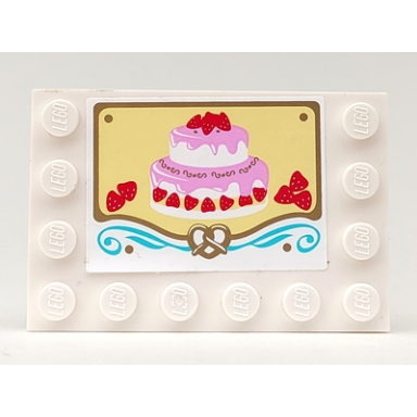 white tile modified 4 x 6 with studs on edges with cake with strawberries pattern sticker - set 41006