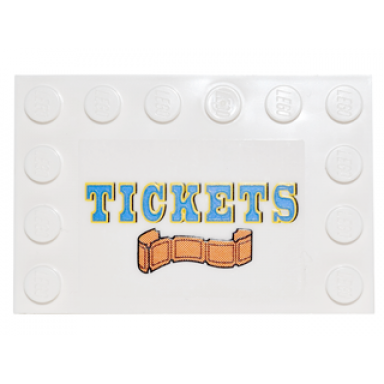 white tile modified 4 x 6 with studs on edges with blue and yellow tickets and orange ticket strip pattern sticker - set 10244