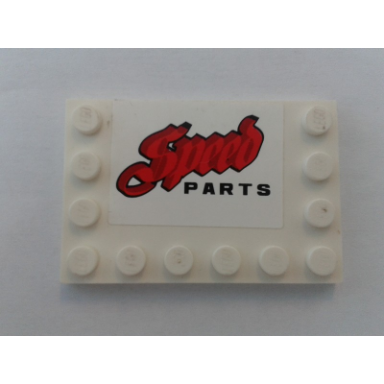 white tile modified 4 x 6 with studs on edges with speed parts pattern sticker - set 8154