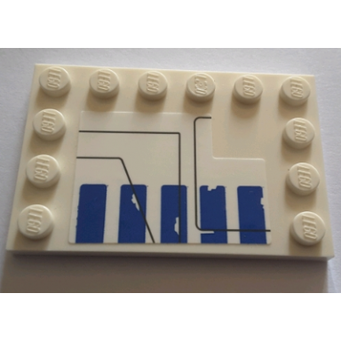 white tile modified 4 x 6 with studs on edges with 5 worn blue rectangles and black lines on white background pattern model left side sticker - set 75155