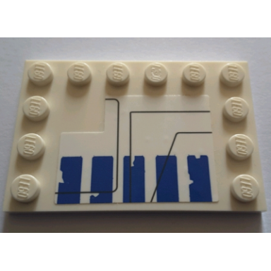 white tile modified 4 x 6 with studs on edges with 5 worn blue rectangles and black lines on white background pattern model right side sticker - set 75155