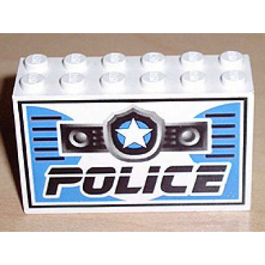 white brick 2 x 6 x 3 with star badge and black police pattern