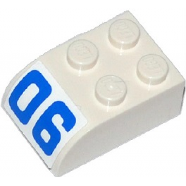 white slope curved 3 x 2 with 4 studs with blue 06 pattern sticker - set 60046