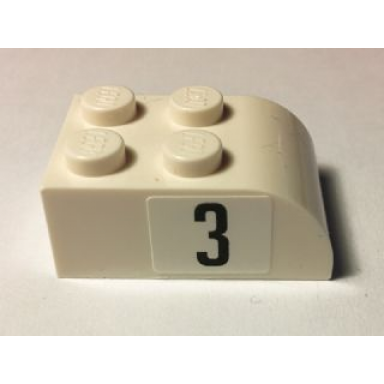 white slope curved 3 x 2 with 4 studs with black number 3 on right pattern sticker - set 40194