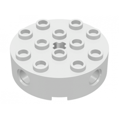 white brick round 4 x 4 with 4 side pin holes and center axle hole