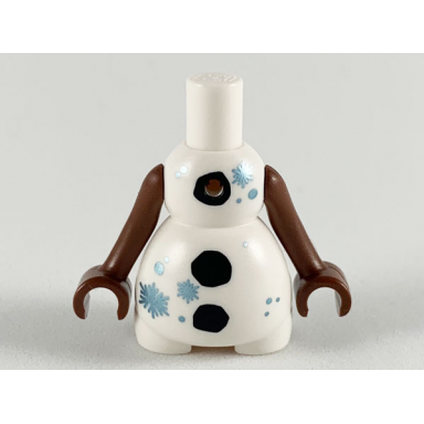 body snowman with black buttons and metallic light blue snowflakes pattern reddish brown arms with hands