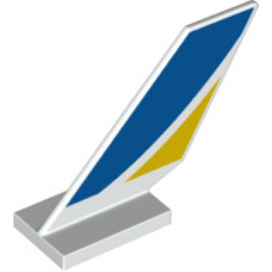 white tail shuttle with blue and yellow curved stripes pattern on both sides