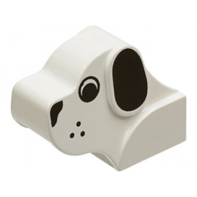 white dog head brick with black eyes nose ears and whisker dots pattern