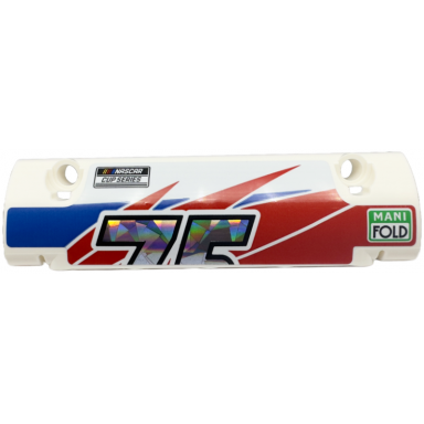 white technic panel curved 11 x 3 with 2 pin holes through panel surface with partial holographic number 75 top half nascar cup series and mani fold on blue and red stripes pattern model left side sticker - set 42153