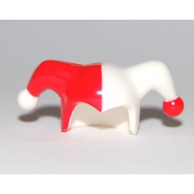 white minifigure headgear jesters cap with red right side and red and white pom poms pattern