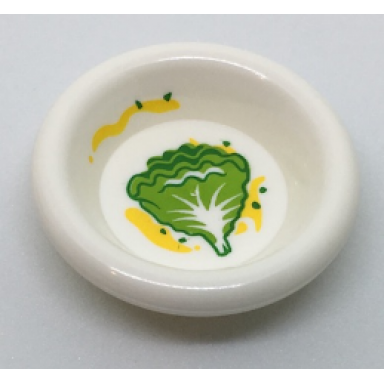 white minifigure utensil dish 3 x 3 with green and lime lettuce leaf and yellow splotches pattern
