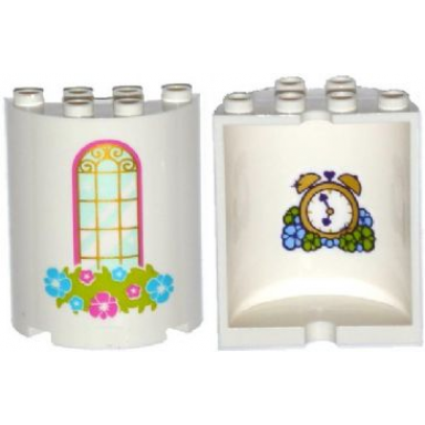 white cylinder half 2 x 4 x 4 with window and flower box pattern with alarm clock and flowers on inside pattern sticker - set 41142