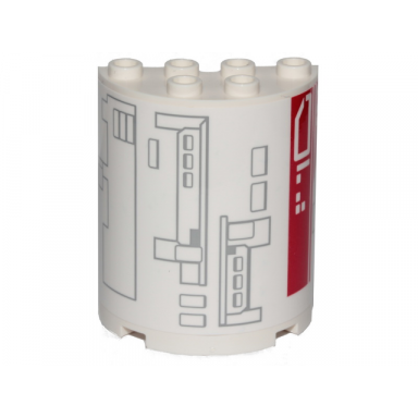 white cylinder half 2 x 4 x 4 with light bluish gray and red mechanical rectangles on white background pattern model right side sticker - set 75249