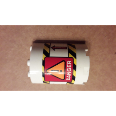white cylinder half 2 x 4 x 4 with orange danger sign black and yellow stripes red arrows and danger pattern sticker - set 42079