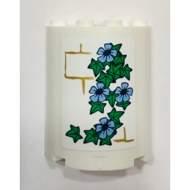 white cylinder half 2 x 4 x 4 with pearl gold brick wall bright light blue flowers and green leaves pattern sticker - set 41154
