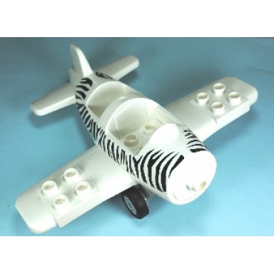 white duplo airplane small with rear cargo bay light bluish gray wheels assembly and zebra stripes pattern small propeller pin