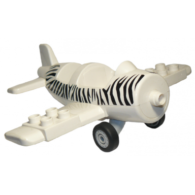 white duplo airplane small with rear cargo bay light bluish gray wheels assembly and zebra stripes pattern large propeller pin