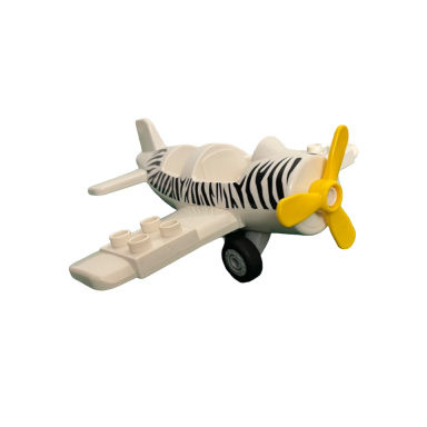 duplo airplane small with rear cargo bay light bluish gray wheels assembly and zebra stripes pattern large propeller pin with yellow duplo propeller rotor 3 blade