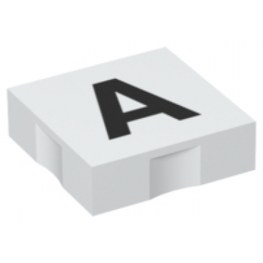 white duplo tile 2 x 2 with black capital letter a pattern