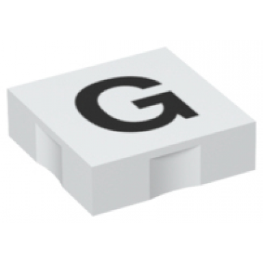 white duplo tile 2 x 2 with black capital letter g pattern