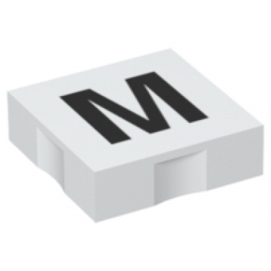 white duplo tile 2 x 2 with black capital letter m pattern