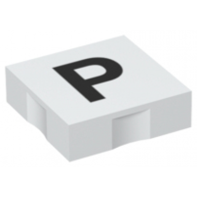 white duplo tile 2 x 2 with black capital letter p pattern