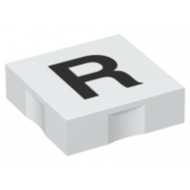 white duplo tile 2 x 2 with black capital letter r pattern