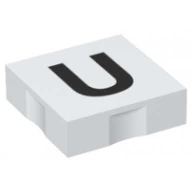 white duplo tile 2 x 2 with black capital letter u pattern