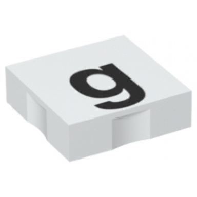 white duplo tile 2 x 2 with black lowercase letter g pattern