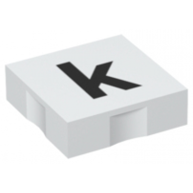 white duplo tile 2 x 2 with black lowercase letter k pattern