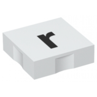 white duplo tile 2 x 2 with black lowercase letter r pattern