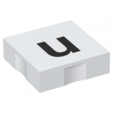white duplo tile 2 x 2 with black lowercase letter u pattern