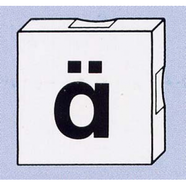 white duplo tile 2 x 2 with black lowercase letter a with diaeresis ã¤ pattern