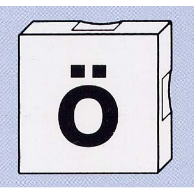 white duplo tile 2 x 2 with black lowercase letter o with diaeresis ã¶ pattern