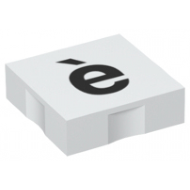 white duplo tile 2 x 2 with black lowercase letter e with grave ã¨ pattern