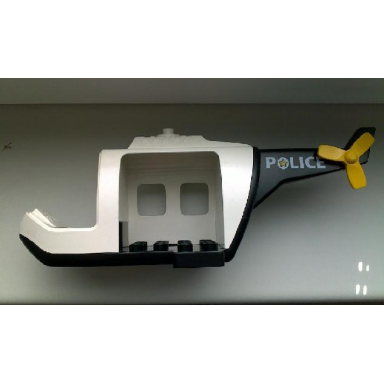 white duplo helicopter body large with black base black tail yellow tail rotor and white police pattern