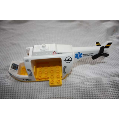 white duplo helicopter body large with yellow base white tail black tail rotor