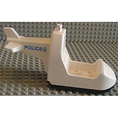 white duplo helicopter body with black base with blue police and badge pattern on both sides