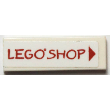 white tile 1 x 3 with red lego shop and triangle pattern sticker - set 40346