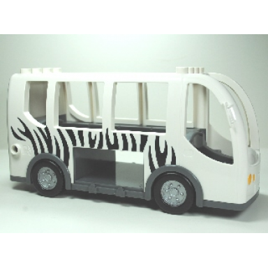white duplo bus with dark bluish gray chassis and flat silver wheels with black zebra stripes pattern
