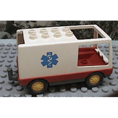 white duplo van type 1 with red base and emt star of life pattern ambulance