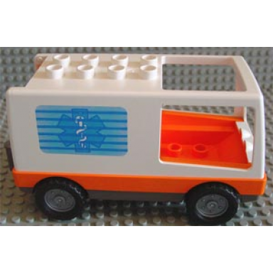 white duplo van type 1 with orange base and emt star of life on stripes pattern ambulance