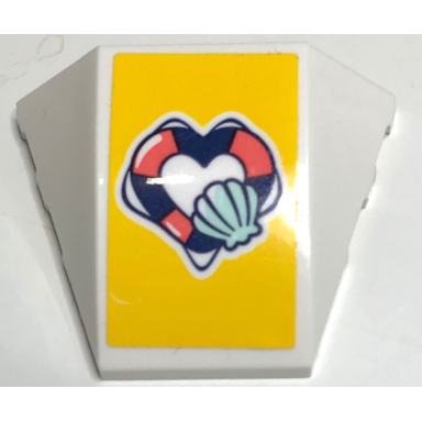 white wedge 4 x 3 triple curved no studs with dark blue and coral heart shape life preserver and light aqua shell on yellow background pattern sticker - set 41380