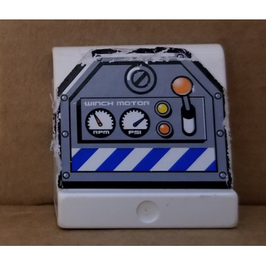 white duplo panel 1 x 2 x 1 2 3 sloped with 3 embossed gauges with lever buttons winch motor rpm and psi gauges pattern sticker - set 7844