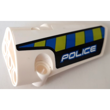 white technic panel fairing 4 small smooth long side b with blue and lime diagonal stripes and police pattern sticker - set 42091