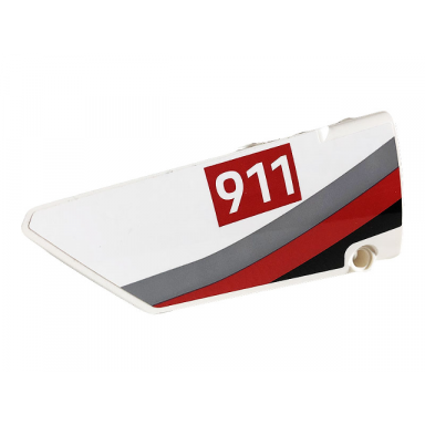 white technic panel fairing 17 large smooth side a with white 911 on red rectangle and gray red and black curved stripes pattern sticker - set 42096
