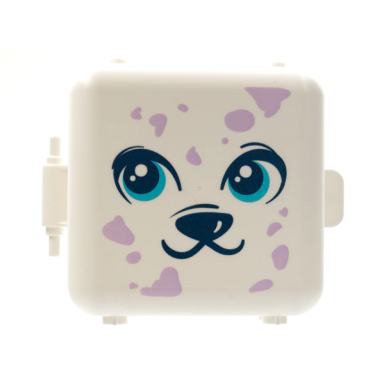 white container box 3 x 8 x 6 2 3 half front with dalmatian dog face medium azure eyes and lavender spots pattern