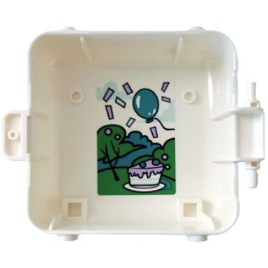 white container box 3 x 8 x 6 2 3 half front with dalmatian dog face medium azure eyes and lavender spots dark turquoise balloon trees confetti and slice of cake pattern sticker - set 41663