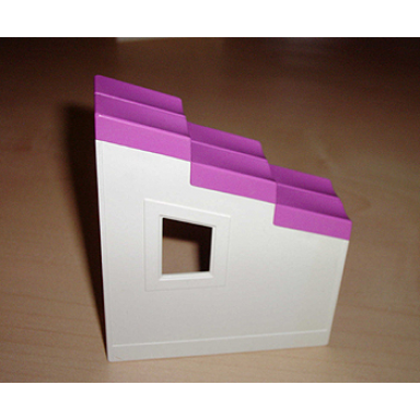 white duplo wall 2 x 6 x 6 with window right and dark pink roof slope 33 2 x 6 with stepped shingles